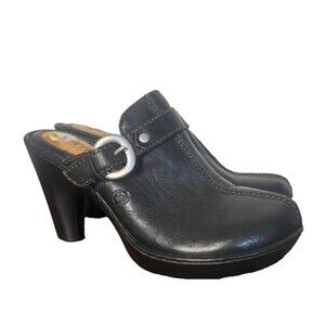 Born Women's Black Leather Heeled Clog Mules Size 9 Comfort Shoes